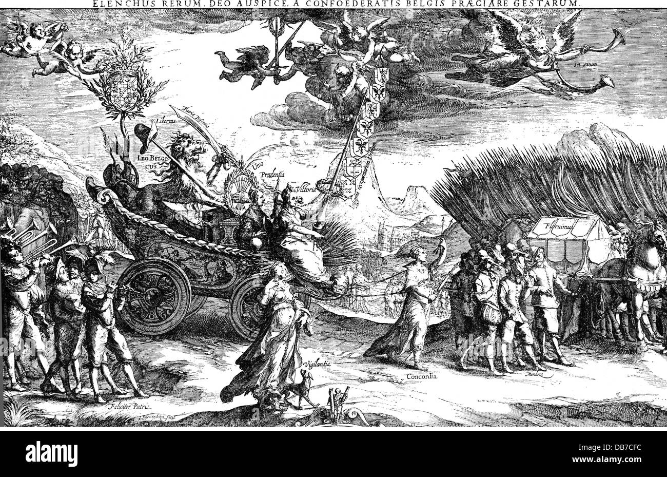 Eighty Years' War 1568 - 1648, allegory, Triumpf of the Dutch over the Spanish, copper engraving by Joannes Saenredam, 1600, Spanish Dutch War, Spanish Netherlands, Belgium, Belgian lion, angel, angels, chariot, army, armies, army, armies, Spain, insurgency, revolt, rebellion, insurgencies, revolts, rebellions, in revolt, 16th century, historic, historical, people, Artist's Copyright has not to be cleared Stock Photo