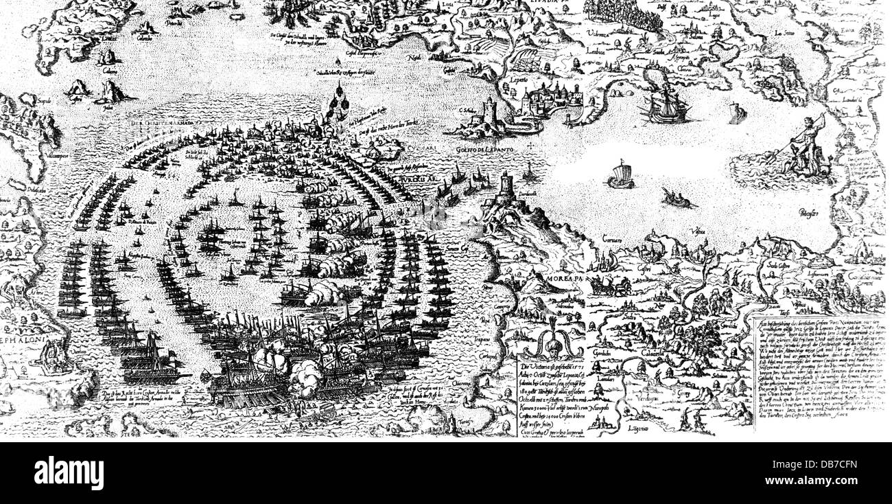 5th Venetian Turkish War 1570 - 1573, naval battle of Lepanto, 7.10.1571, contemporary etching of Mathis Zuendt, Ottoman Wars, Turks, Ottoman Empire, Holy League, Papal States, Spain, Venice, Genoa, Genova, Order of the Knights of St John, Maltese knight's order, battle, battles, warship, warships, ships, ship, fleet, fleets, galley, galleys, gulf of Patras, Ionian Sea, Mediterranean Sea, Greece, 16th century, historic, historical, Additional-Rights-Clearences-Not Available Stock Photo