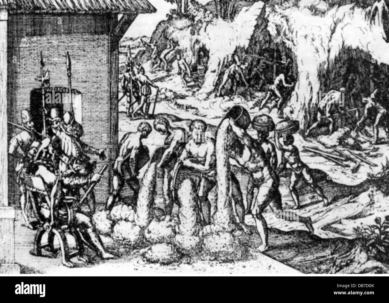 slavery, labour, African slaves from Ghana working in a Spanish mine on Hispaniola, copper engraving by Theun de Boy, 1613, Artist's Copyright has not to be cleared Stock Photo