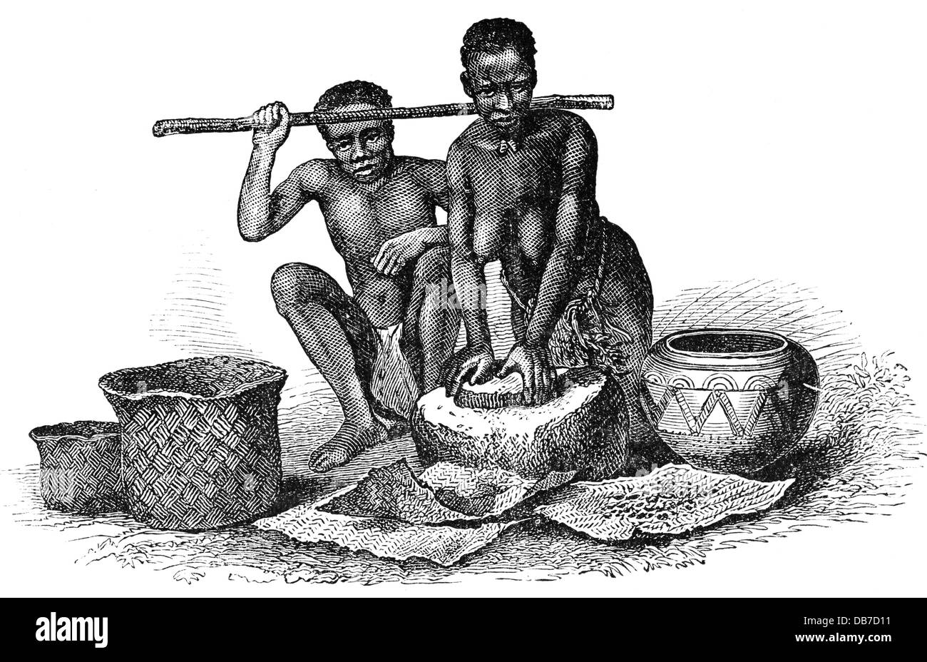 slavery, labour, female African slave grinding flour, wood engraving, 19th century, labouring, laboring, labour, labor, working, work, grind, grind up, grinding, Africa, people, woman, women, Black African, Africans, historic, historical, Additional-Rights-Clearences-Not Available Stock Photo