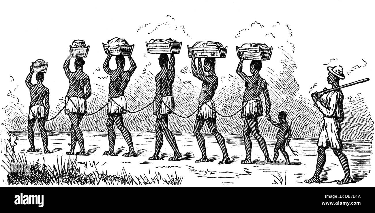 slavery, labour, African slave caravan transports loads, wood engraving, 19th century, labouring, laboring, labour, labor, working, work, transport, transporting, carrying, carry, chains, chain, enchained, slaves, slave, Africa, people, man, men, Black African, Africans, historic, historical, male, Additional-Rights-Clearences-Not Available Stock Photo