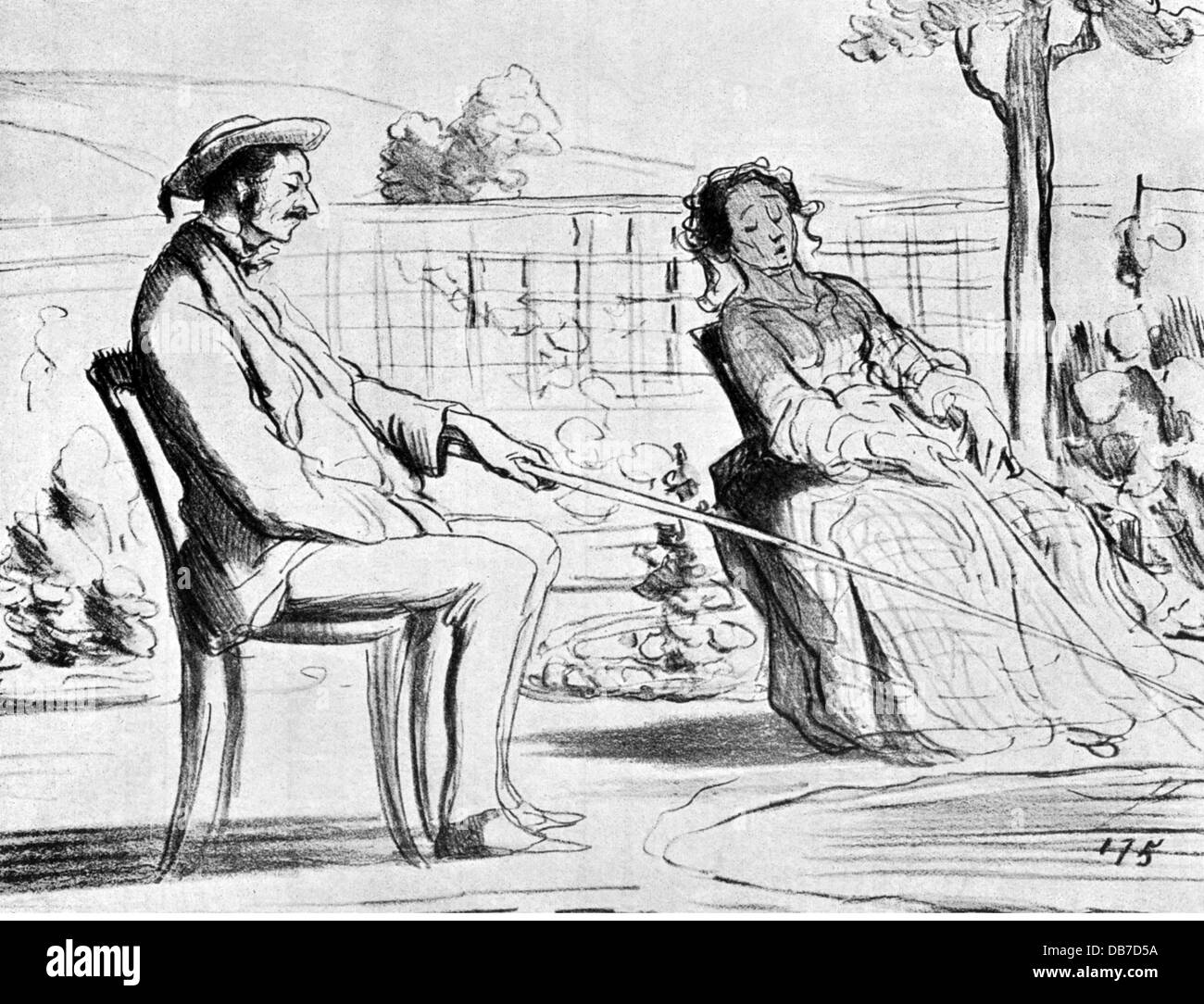 leisure, fishing, 'Les Plaisirs de la Villegiature' (Pleasures of the Summer Resort), couple fishing at the garden pond, lithograph, by Honore Daumier (1808 - 1879), from: 'Le Charivari', Paris, 13.5.1858, Additional-Rights-Clearences-Not Available Stock Photo