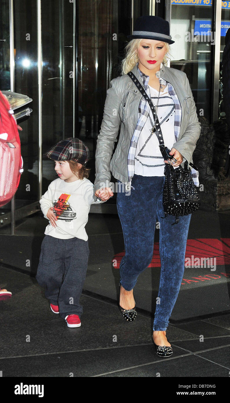 Christina Aguilera and her son Max are seen leaving their Midtown Hotel