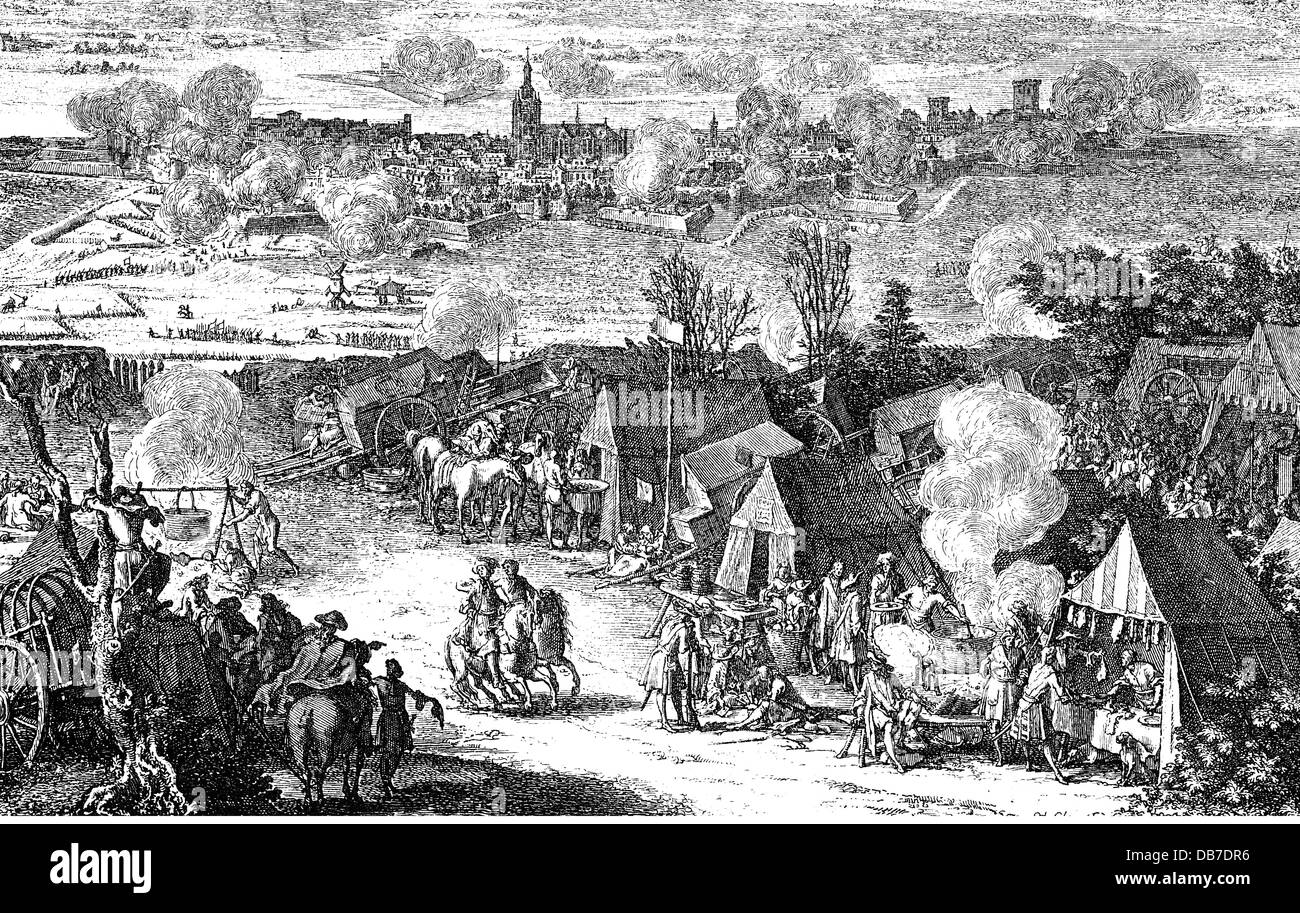 War of th Spanish Succession 1700 - 1714, Netherlands, Siege of Nijmegen, 1702, contemporary copper engraving, camp, camps, encampment, encampments, soldiers, soldier, tent, tents, tent, tents, Gelderland, Republic of the United Seven Provinces, Nijmegen, 18th century, historic, historical, people, Artist's Copyright has not to be cleared Stock Photo