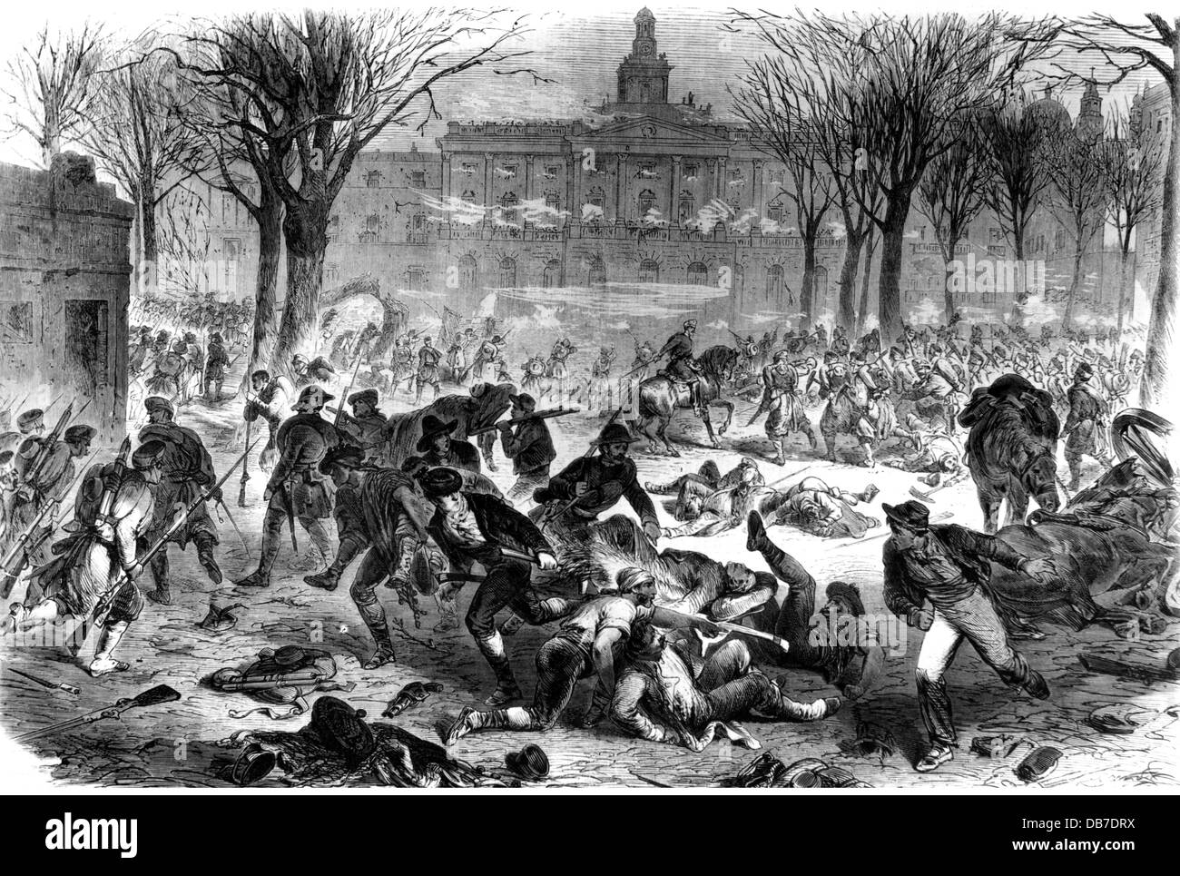 Glorious Revolution in Spain 1868, uprising in Cadiz, street fighting, wood engraving after drawing, "Illustrierte Zeitung", Leipzig, 1868, ...