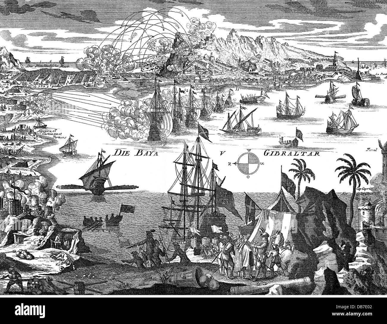 Anglo-Spanish War 1727 - 1729, siege of Gibraltar by the Spanish, 11.2. - 12.6.1727, contemporary copper engraving, Anglo - Spanish war, British fleet, Royal Navy, artillery, fortress, fortresses, Kingdom of Spain, Great Britain, bay, historic, historical, 18th century, people, Artist's Copyright has not to be cleared Stock Photo