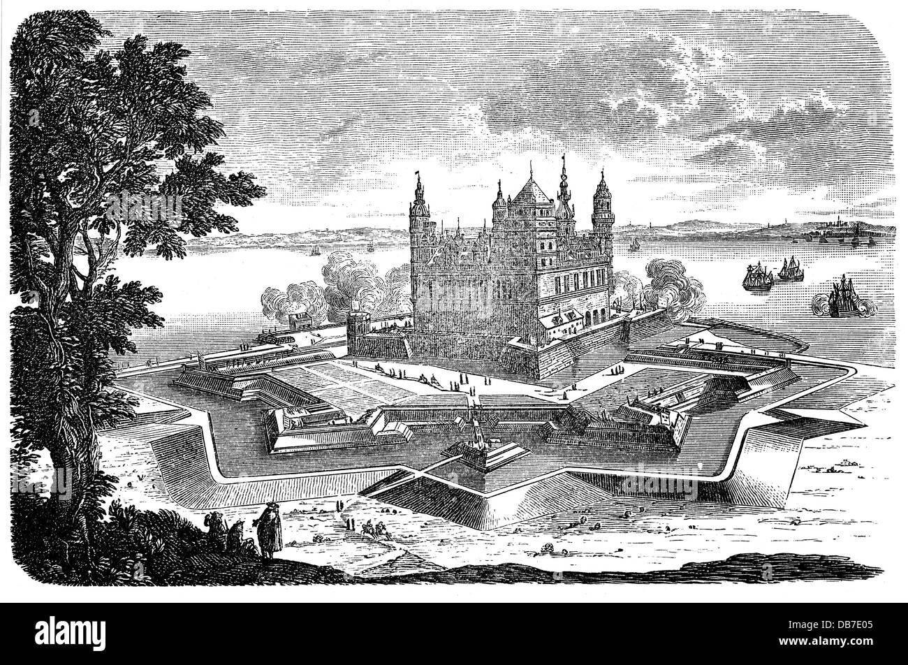 geography / travel, Denmark, Helsingor, castles, Kronborg Castle, exterior view, copper engraving, 'De rebus a Carolo Gustavo gestis' by Samuel von Pufendorf, 1697, Artist's Copyright has not to be cleared Stock Photo