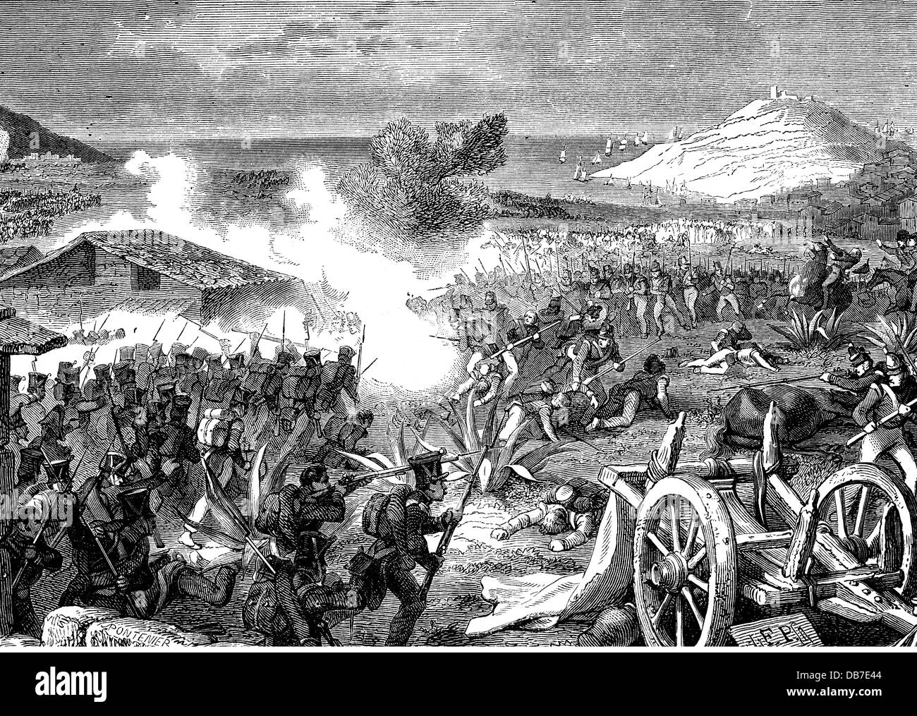 Peninsula War 1808 - 1814, Battle of Corunna, 16.1.1809, death of the British general Sir John Moore, wood engraving, 19th century, charge, infantry, soldiers, soldier, Britons, French, Great Britain, First Empire, France, Spain, Galicia, Napoleonic Wars, historic, historical, people, Additional-Rights-Clearences-Not Available Stock Photo