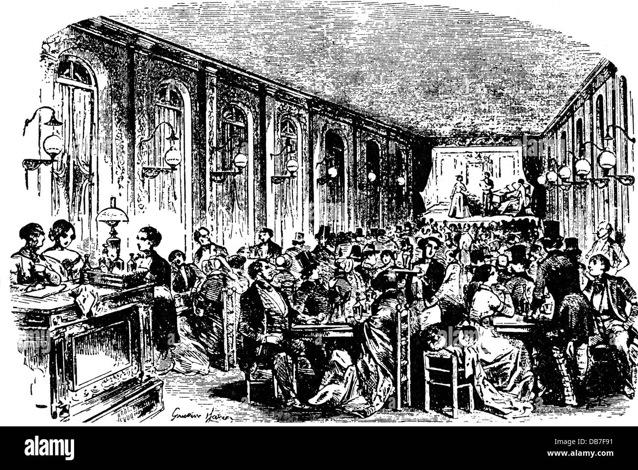 gastronomy, cafes / street cafes, Cafe chantant, Passage Jouffroy, Paris, wood engraving, 1852, Additional-Rights-Clearences-Not Available Stock Photo