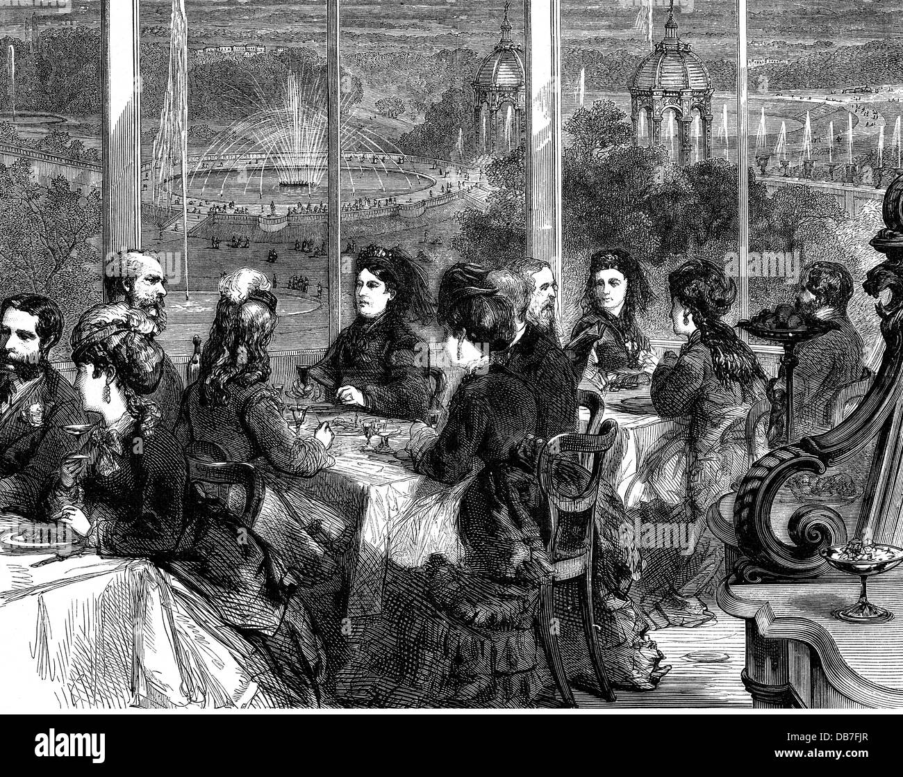gastronomy, meals, view from the dining room of the Crystal Palace in London, wood engraving, 1870, Additional-Rights-Clearences-Not Available Stock Photo