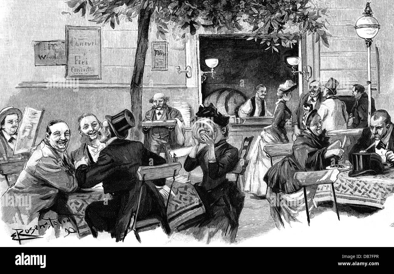 gastronomy, beergarden, wedding banquet in wheat beer tavern, Berlin, wood engraving, 1890, Additional-Rights-Clearences-Not Available Stock Photo