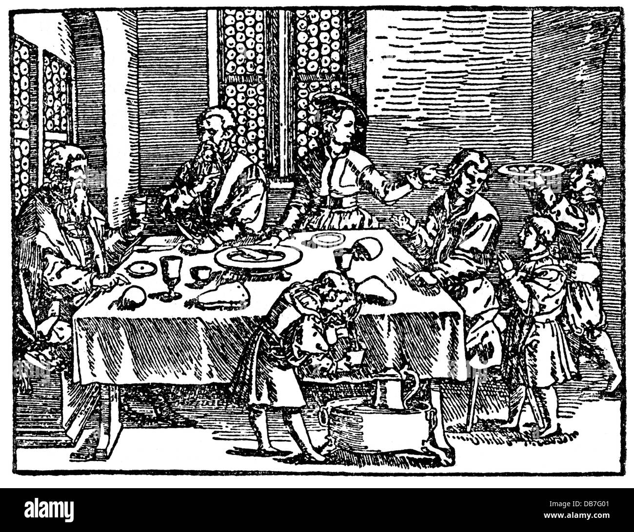gastronomy, meals, feast, woodcut, 16th century, 16th century, graphic, graphics, half length, sitting, sit, dinner table, dinner tables, table cloth, tablecloth, table cloths, tablecloths, plate, plates, mug, cup, mugs, cups, meal, meals, dinner, eating, eat, servant, servants, manservant, menservants, serve, serving, beverage, beverages, drink, drinks, pour, pouring, service, table manners, historic, historical, people, Additional-Rights-Clearences-Not Available Stock Photo