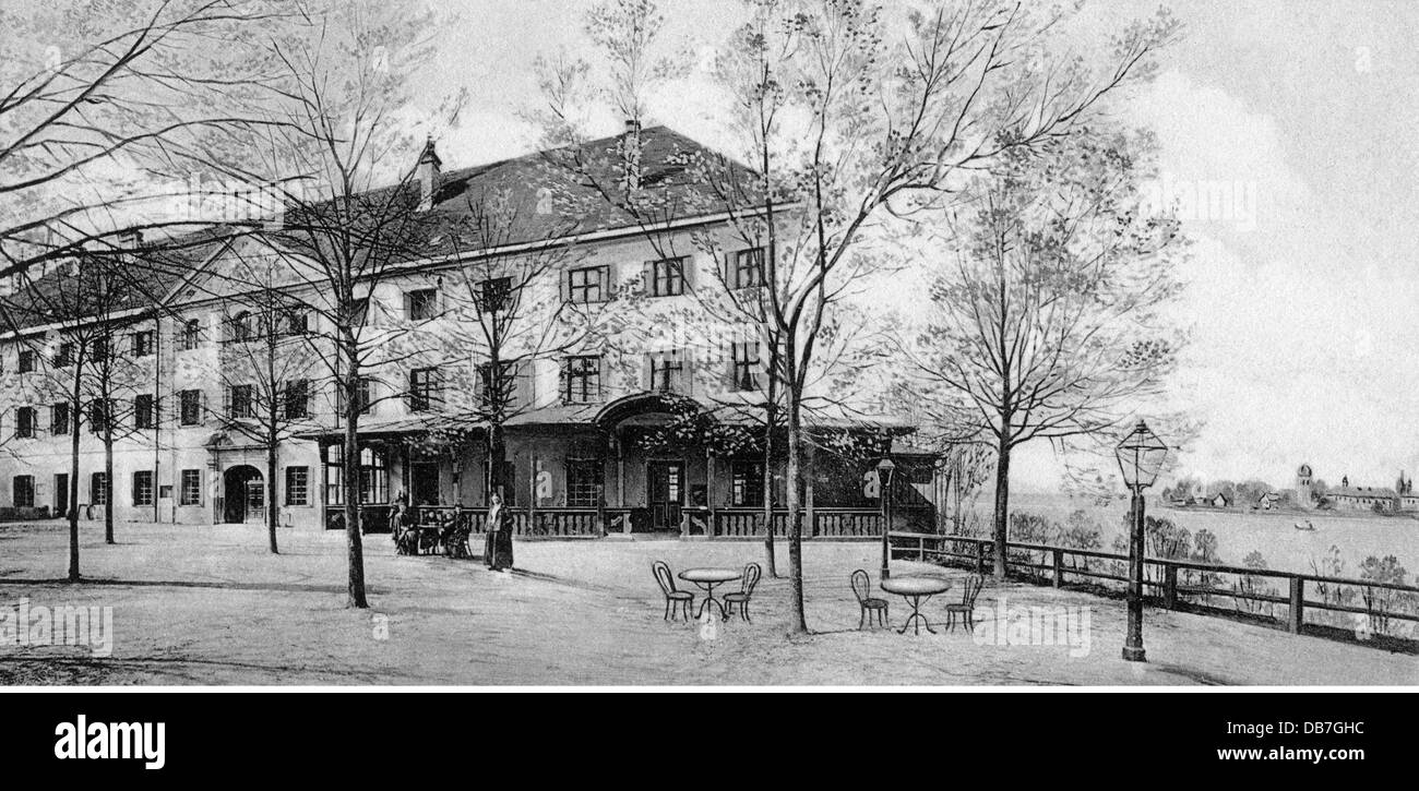 geography / travel, Germany, Prien am Chiemsee, gastronomy, castle restaurant Herrenchiemsee, exterior view, picture postcard, print: Franz Kugler, 1908, Additional-Rights-Clearences-Not Available Stock Photo