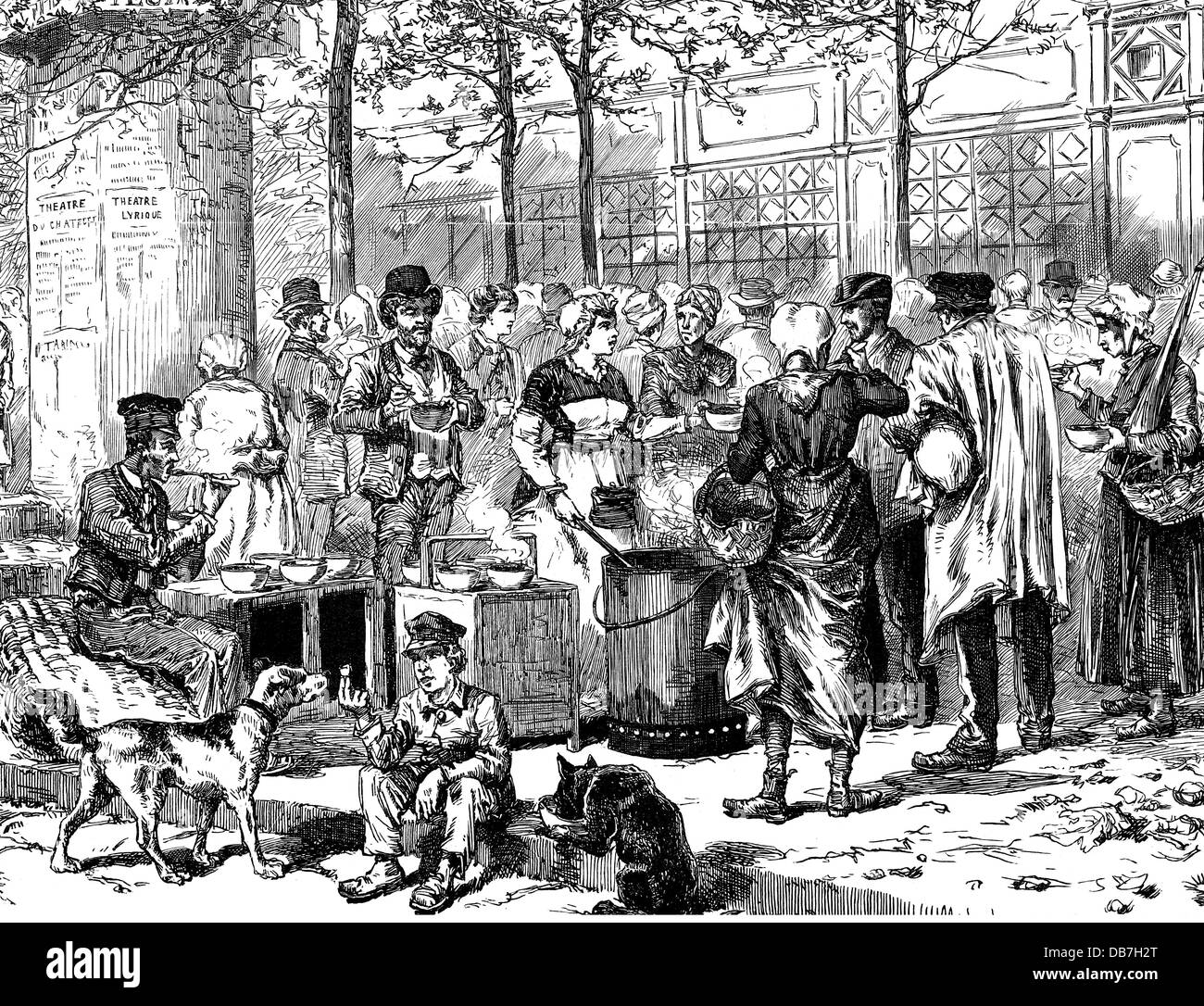 geography / travel, France, Paris, gastronomy, sale of onion soup in front of the market halls, after original drawing by P.Kauffmann, wood engraving, 1880, Additional-Rights-Clearences-Not Available Stock Photo