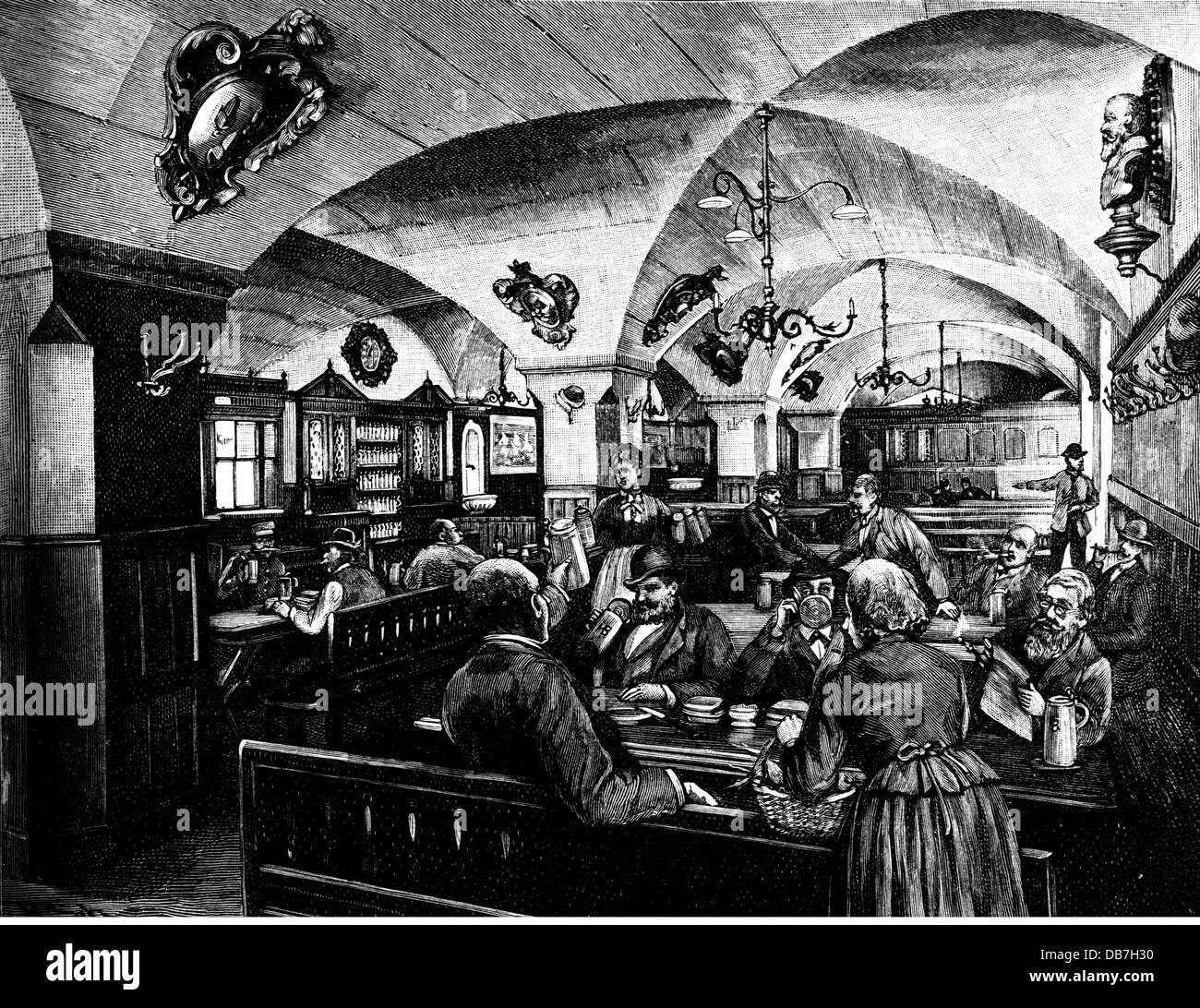 geography / travel, Germany, Munich, gastronomy, old 'Hofbräuhaus', interior view, after drawing by Reinhold Schmidt, wood engraving, before 1890, Additional-Rights-Clearences-Not Available Stock Photo