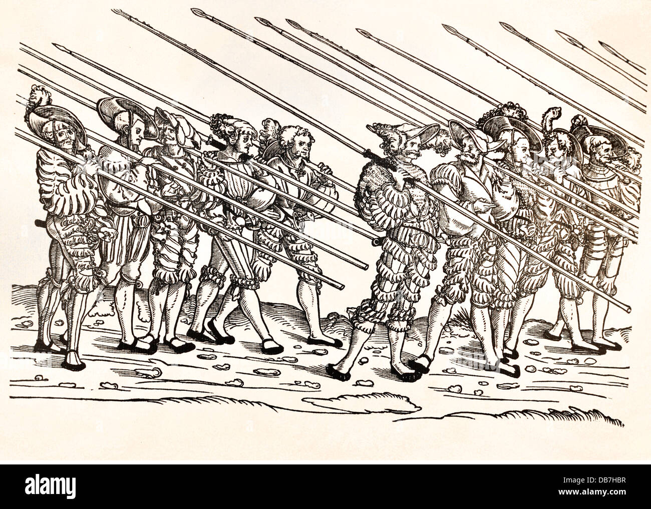 military,lansquenets,marching lansquenets,full length,woodcut,circa 1510 - 1520,from: Warriors of his Roman Imperial Majesty at the age of the lansquenets,edited by August Johann Count Breuner von Enkevoirt,Vienna 1883,16th century,fine arts,art,graphic,graphics,Holy Roman Empire,soldier,soldiers,clothes,helmet,helmets,hat,hats,beret,berets,beard,beards,moustache,mustache,moustaches,mustaches,walrus moustache,walrus moustaches,moustache,mustache,moustaches,mustaches,doublet,jerkin,breeches,knee breeches,weapon,arms,weapo,Additional-Rights-Clearences-Not Available Stock Photo