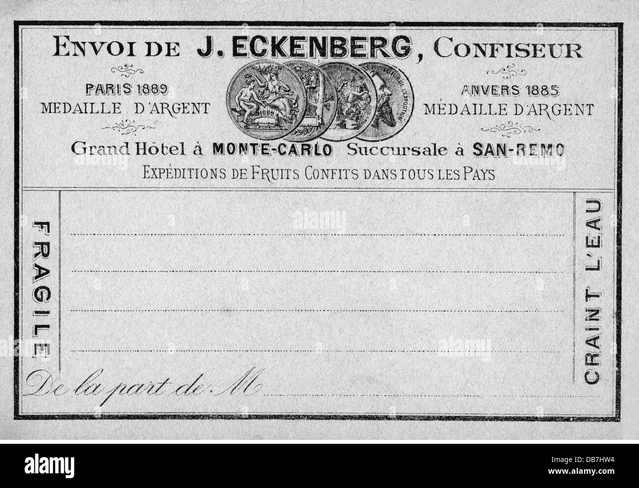 trade, food, pastries, insert for shipment of products by J. Eckenberg, Monte Carlo, late 19th century, gastronomy, patisserie, graphic, graphics, medal, medals, award winner, prize winner, laureate, award winners, prize winners, laureates, winner, winners, award, awards, prize, prizes, insert, inserts, card, cards, confectionary, cake shop, pastry shop, sweetmeat shop, confectionery, shipment, shipping, historic, historical, Additional-Rights-Clearences-Not Available Stock Photo