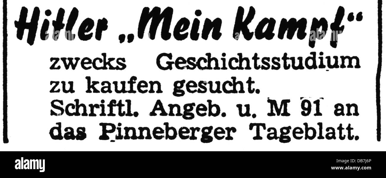 press / media, classified advertise, quest for 'Mein Kampf' of Adolf Hitler, 'Pinneberger Tagblatt', 1960, Additional-Rights-Clearences-Not Available Stock Photo