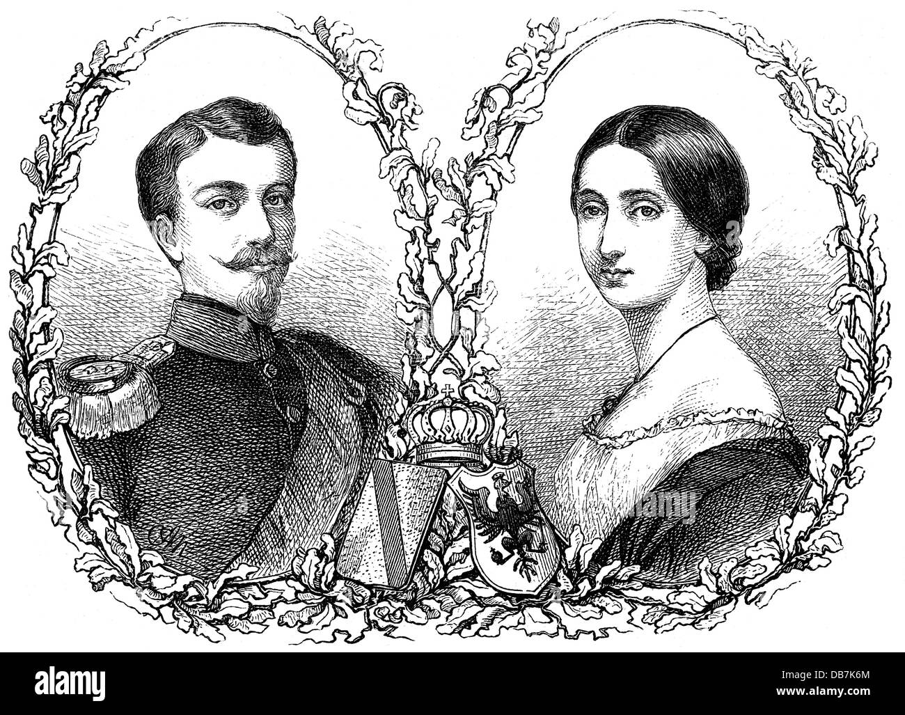 Frederick I, 9.9.1826 - 28.9.1907, Grand Duke of Baden 5.9.1856 - 28.9.1907, portrait, with wife Grand Duchess Louise, wood engraving, 1856, Stock Photo