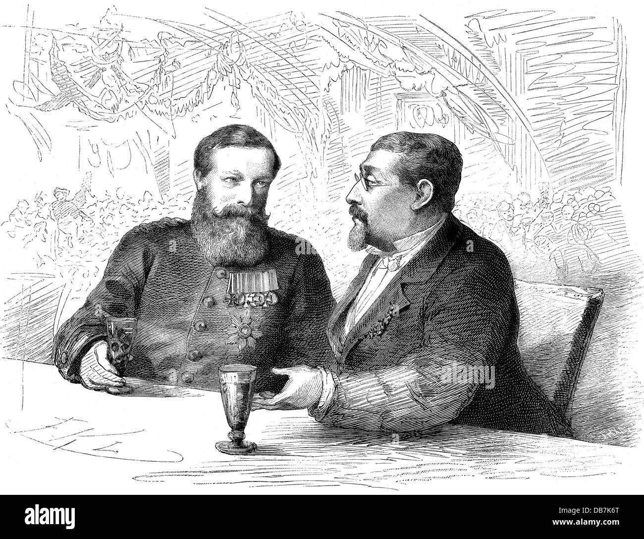 Frederick I, 9.9.1826 - 28.9.1907, Grand Duke of Baden 5.9.1856 - 28.9.1907, with Joseph Victor von Scheffel at the banquet of the City of Karlsruhe, wood engraving, 19th century, , Stock Photo