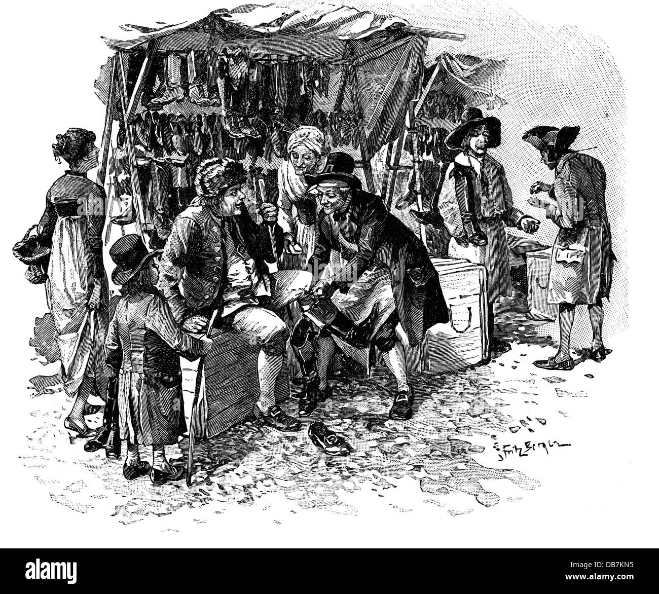 trade, trade fairs, shoemaker at the Leipzig Trade Fair, 1797, by Fritz Bergen (1857 - 1941), wood engraving, from: 'Die Gartenlaube', number 26, Leipzig, 1897, Artist's Copyright has not to be cleared Stock Photo