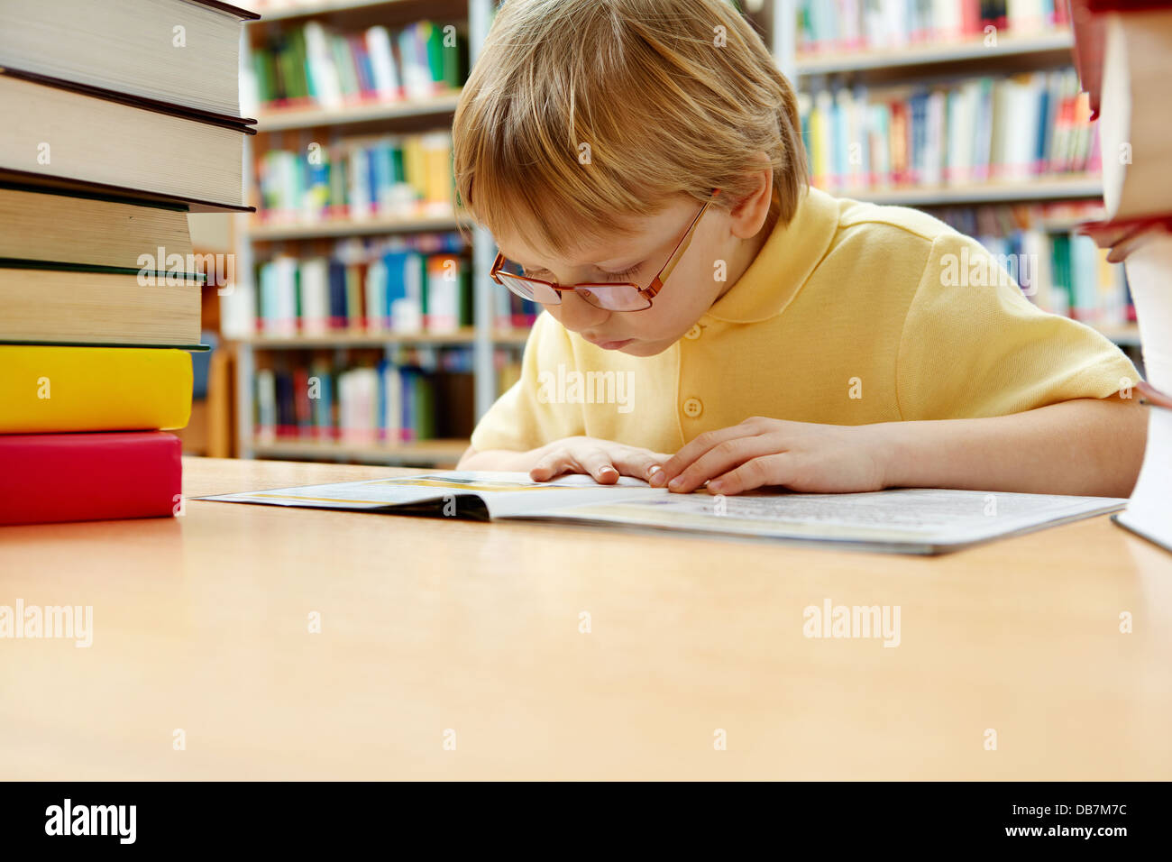 Portrait of interested schoolkid reading book in the library Stock ...