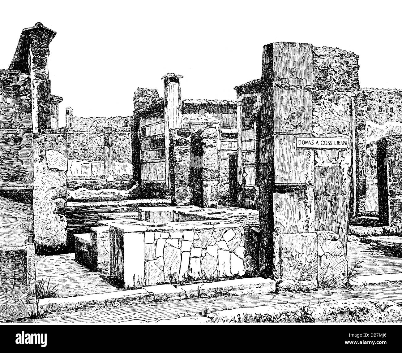 ancient world, Roman Empire, remains of a Roman cookshop, Pompeii, wood engraving, 19th century, 19th century, graphic, graphics, ancient world, ancient times, Rome, gastronomy, kitchen, kitchens, cookshop, light meal, night snack, cook, cooking, boil, boiling, boiled, food, ruin, ruins, archeology, archaeology, historic, historical, ancient world, Additional-Rights-Clearences-Not Available Stock Photo
