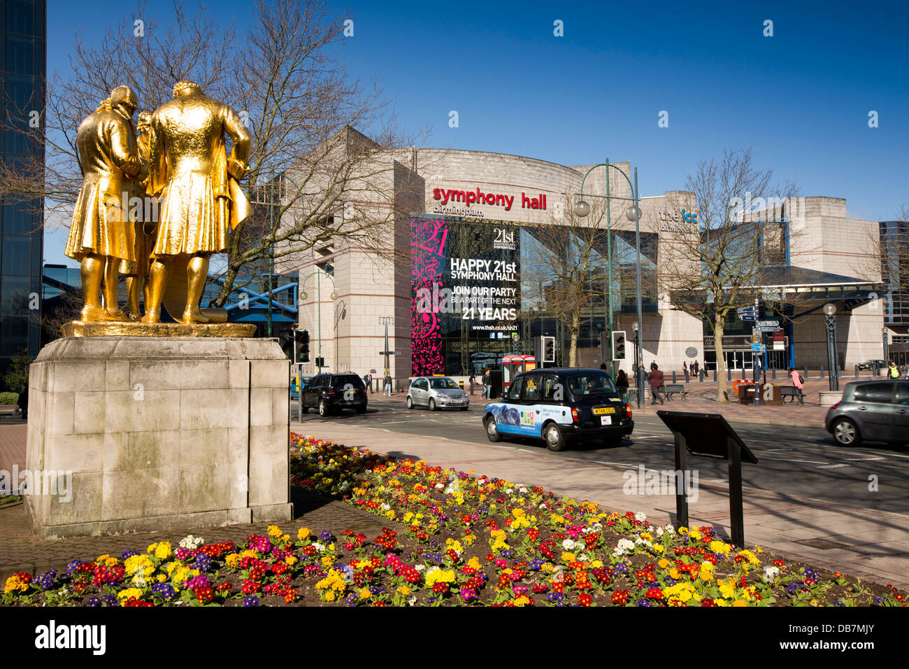UK, England, Birmingham, Broad Street, the Three Golden Boys Statue of Boulton, Watt and Murdoch opposite Symphony Hall Stock Photo