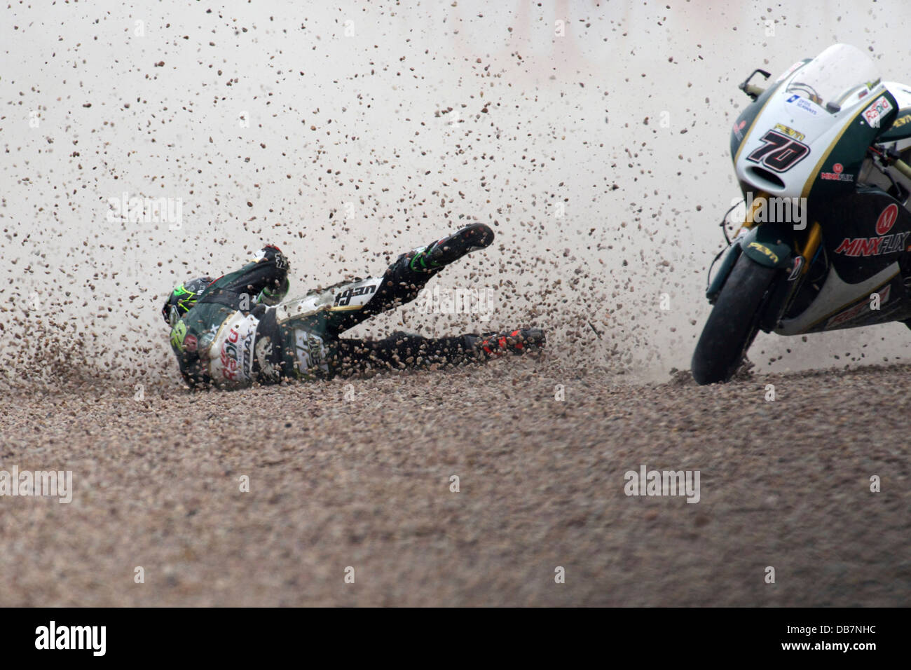 Crash during a motorcycle race into the gravel at Sachsenring racing circuit Stock Photo