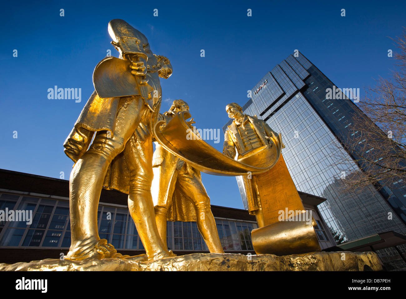 UK, England, Birmingham, Broad Street, the Thre Golden Boys Statue of Boulton, Watt and Murdoch Stock Photo