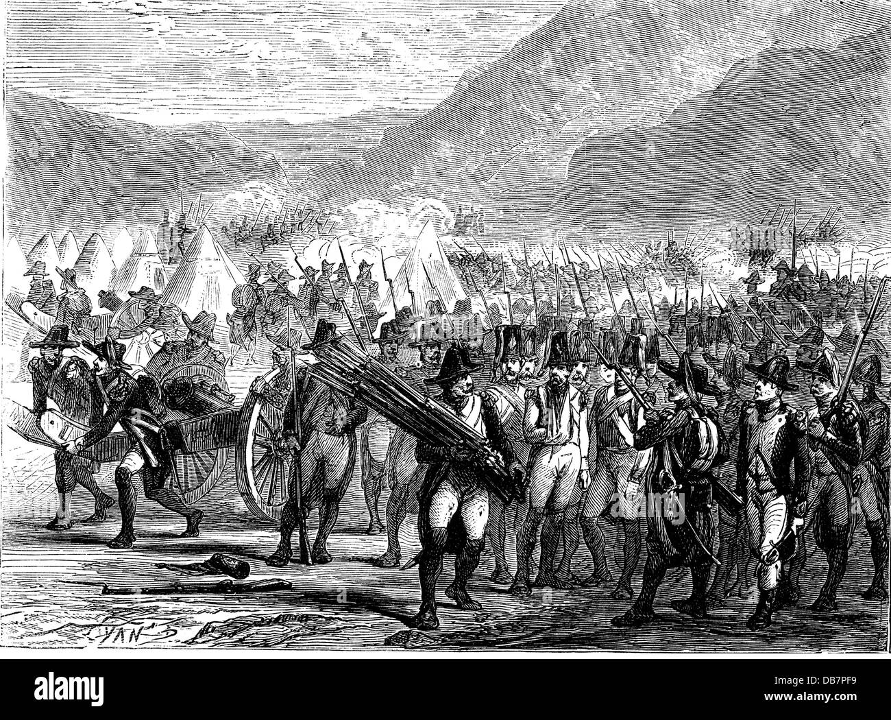 Peninsula War 1807 - 1814, French troops on foot of the Pyrenees, 1808, wood engraving, 19th century, France, Spain, camp, camps, soldiers, soldier, Napoleonic Wars, mountains, mountain, historic, historical, people, Additional-Rights-Clearences-Not Available Stock Photo