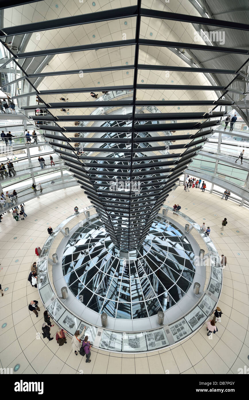 Visitors in the interior with the mirrored central column of the dome of the Reichstag Building, German Bundestag Stock Photo