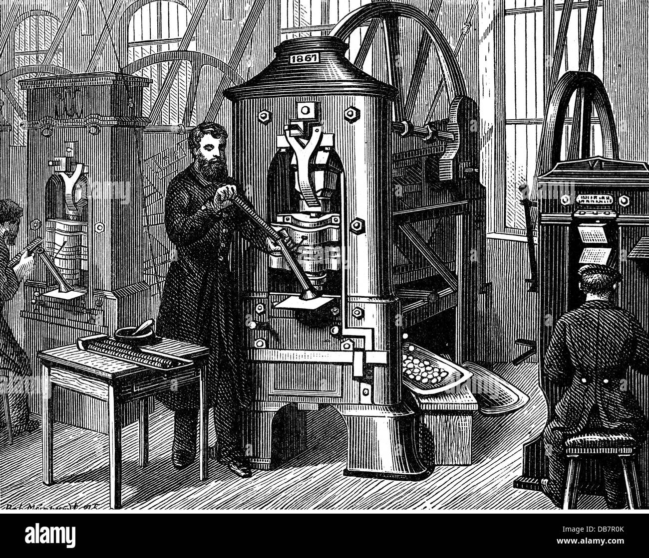 money / finances, mintage, machines for stamping coins made of silver and copper at the Royal Mint, Berlin, after Rob.Meinhardt, 1875, wood engraving, by Richard Brend'amour (1831 - 1915), from: 'Illustrirtes Konversations - Lexikon', Otto Spamer publishing house, Leipzig, 1870 - 1882, Additional-Rights-Clearences-Not Available Stock Photo