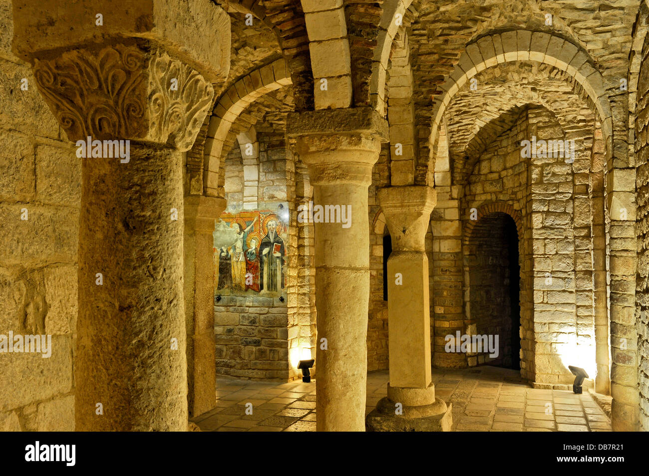 Columns, arches, Byzantine-style frescoes, Crypt San Casto, 4th century, Cathedral of Trivento Stock Photo