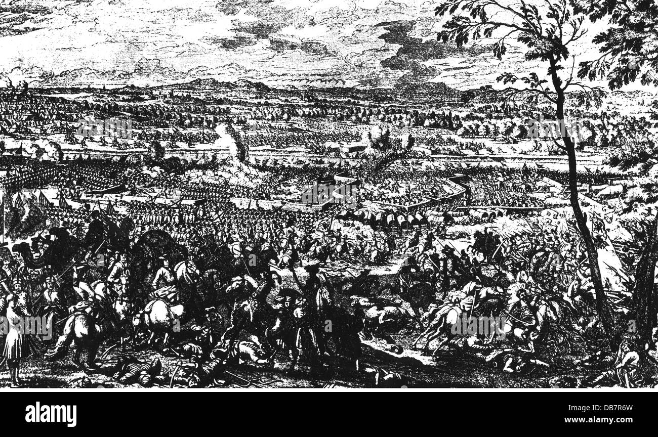 Great Turkish War 1683 - 1699, Battle of Zenta, 11.9.1697, contemporary copper engraving by Jan van Huchtenburgh, Ottoman-Habsburg wars, Ottoman - Habsburg wars, Turkish wars, Turks, Imperial army, Holy Roman Empire, Ottoman Empire, Theiss, Serbia, Senta, Balkans, war, wars, redoubt, redoubts, bridge, bridges, river, rivers, 17th century, historic, historical, people, Additional-Rights-Clearences-Not Available Stock Photo