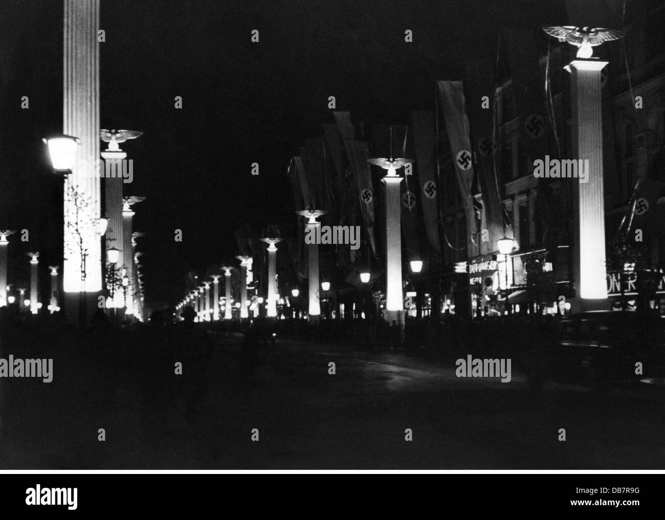 Nazism / National Socialism, propaganda, opening of the new East-West city axis, Berlin, on the occasion of of the 50th birthday of Adolf Hitler, 20.4.1939, illuminated pillars, Additional-Rights-Clearences-Not Available Stock Photo