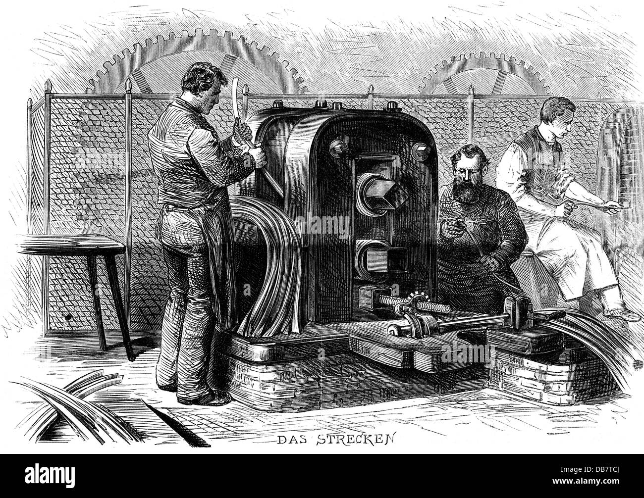 money / finances, mintage, machine for the stretching of the metal strips at the Royal Mint, Berlin, after Hermann Lüders (1836 - 1908), wood engraving, from: 'Illustrirte Zeitung', Leipzig, 1875, Additional-Rights-Clearences-Not Available Stock Photo