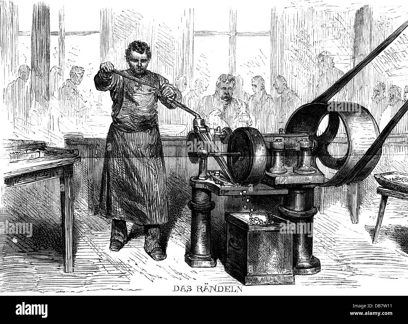 money / finances, mintage, knurling machine at the Royal Mint, Berlin, after Hermann Lüders (1836 - 1908), wood engraving, from: 'Illustrirte Zeitung', Leipzig, 1875, Additional-Rights-Clearences-Not Available Stock Photo