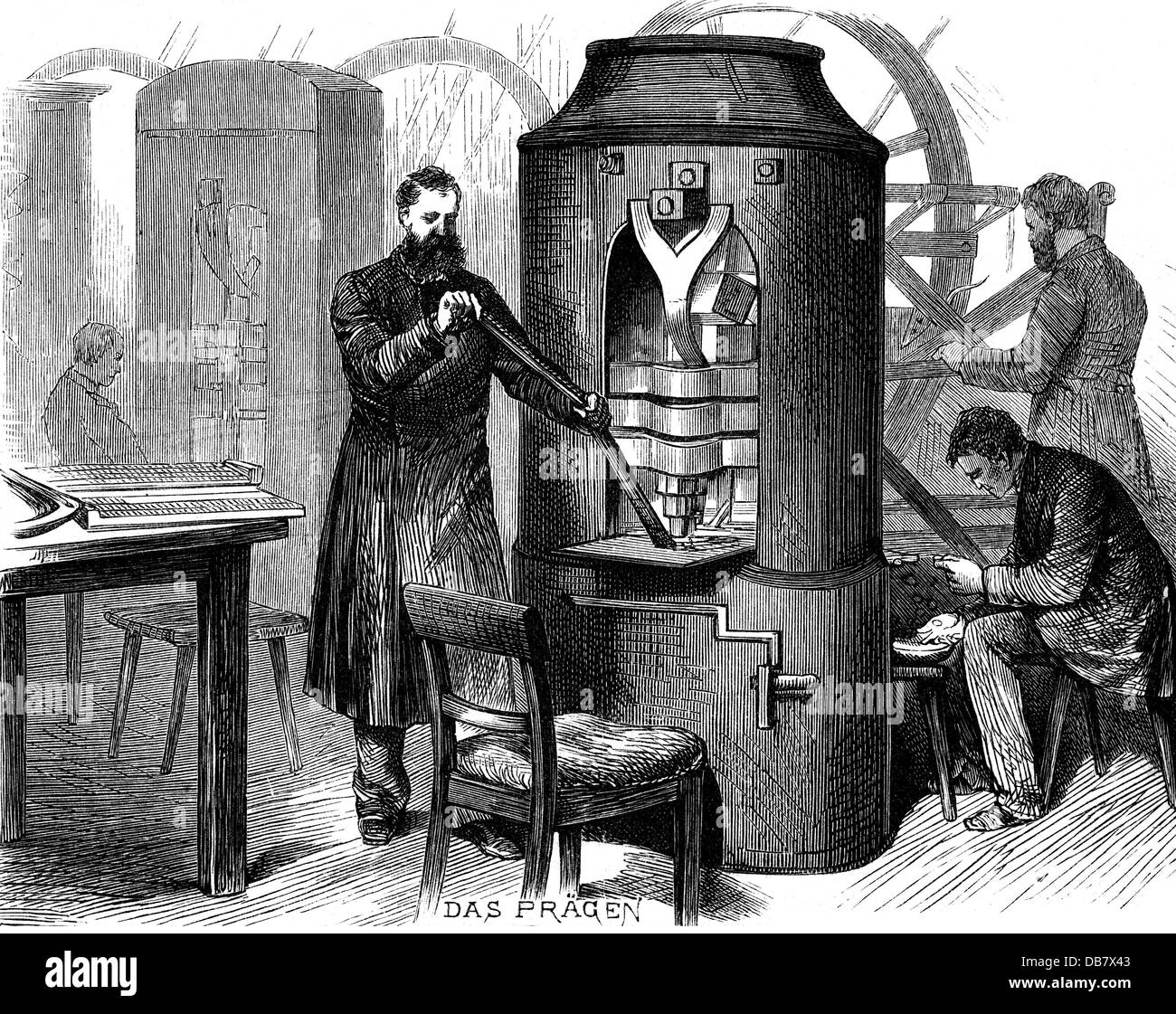 money / finances, mintage, machine for stamping coins at the Royal Mint, Berlin, after Hermann Lüders (1836 - 1908), wood engraving, from: 'Illustrirte Zeitung', Leipzig, 1875, Additional-Rights-Clearences-Not Available Stock Photo