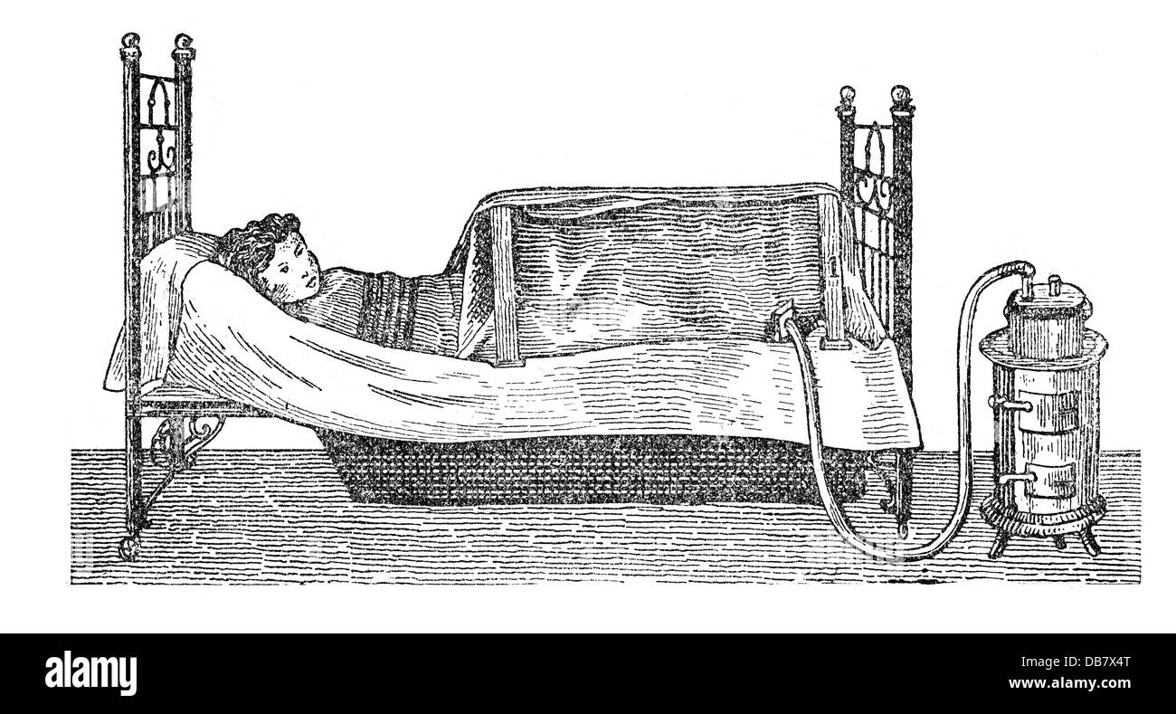 medicine, treatment, steam baths, half steam bath in bed, wood
