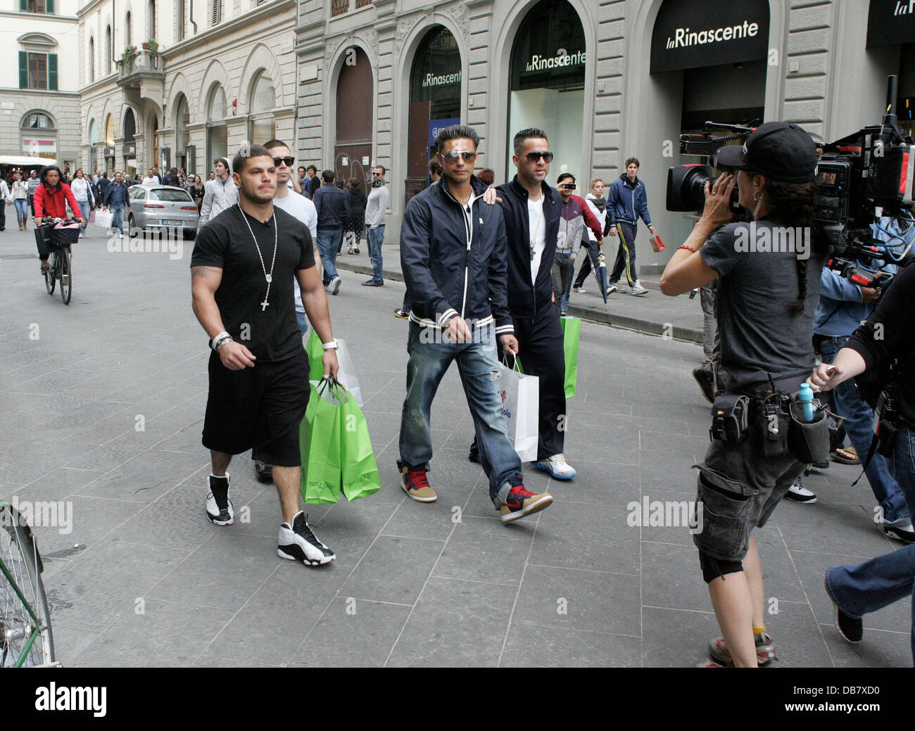 Ronnie Ortiz-Magro, Vinny Guadagnino , DJ Pauly D and Mike 'The Situation' Sorrentino  shopping in Florence while filming the reality show 'Jersey Shore' Florence, Italy - 15.05.11 Stock Photo