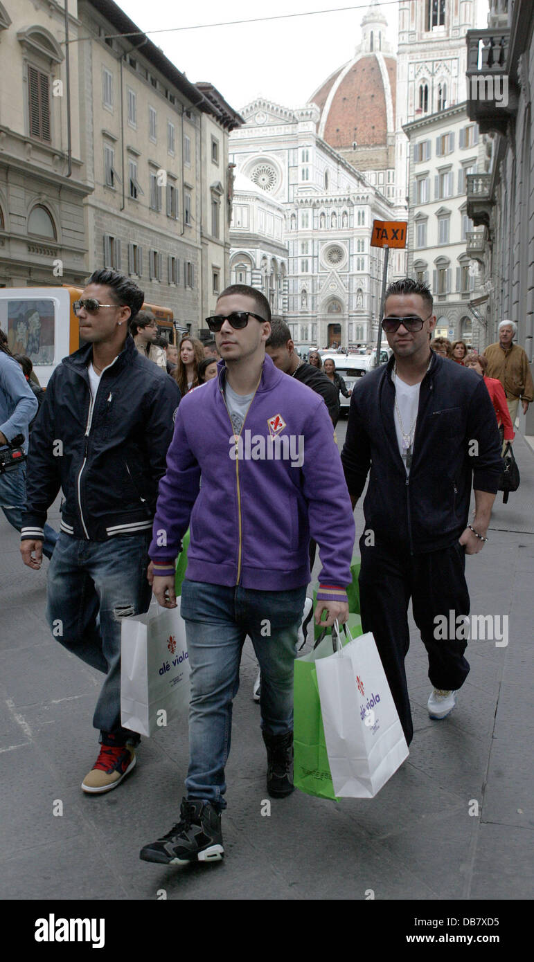 DJ Pauly D, Vinny Guadagnino and Mike 'The Situation' Sorrentino  shopping in Florence while filming the reality show 'Jersey Shore' Florence, Italy - 15.05.11 Stock Photo