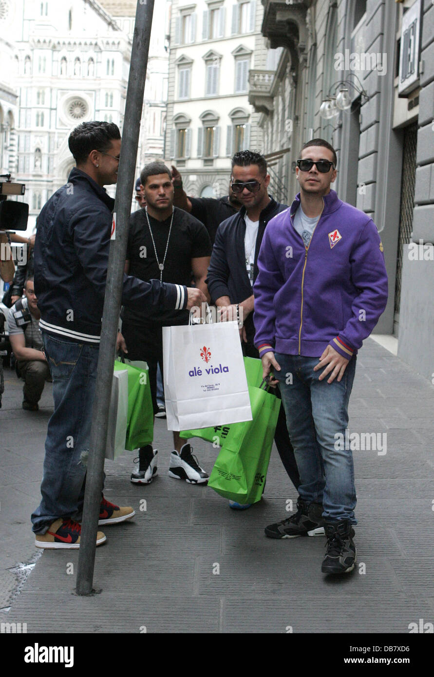 DJ Pauly D, Ronnie Ortiz-Magro, Mike 'The Situation' Sorrentino and Vinny Guadagnino  shopping in Florence while filming the reality show 'Jersey Shore' Florence, Italy - 15.05.11 Stock Photo