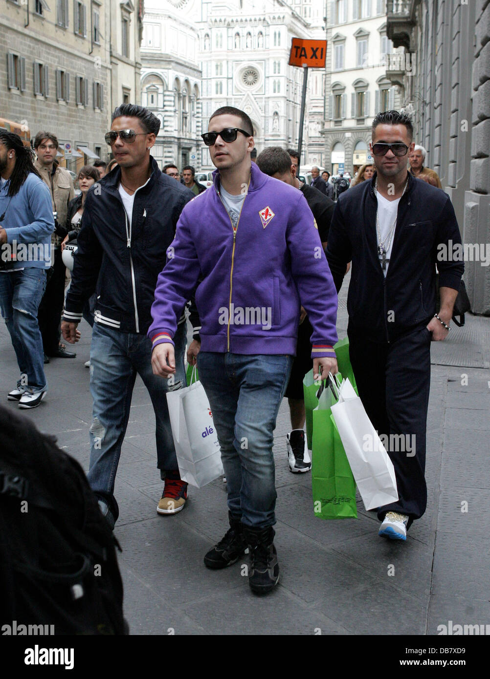 DJ Pauly D, Vinny Guadagnino and Mike 'The Situation' Sorrentino  shopping in Florence while filming the reality show 'Jersey Shore' Florence, Italy - 15.05.11 Stock Photo