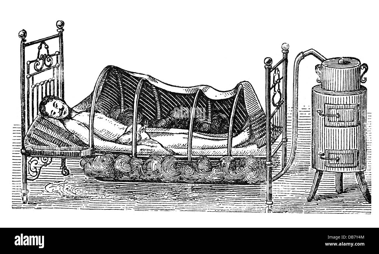 medicine, treatment, steam baths, full body steam bath in bed, wood engraving, from: Friedrich Eduard Bilz, New Naturopathic Treatment, Leipzig, Germany, 1902, Additional-Rights-Clearences-Not Available Stock Photo