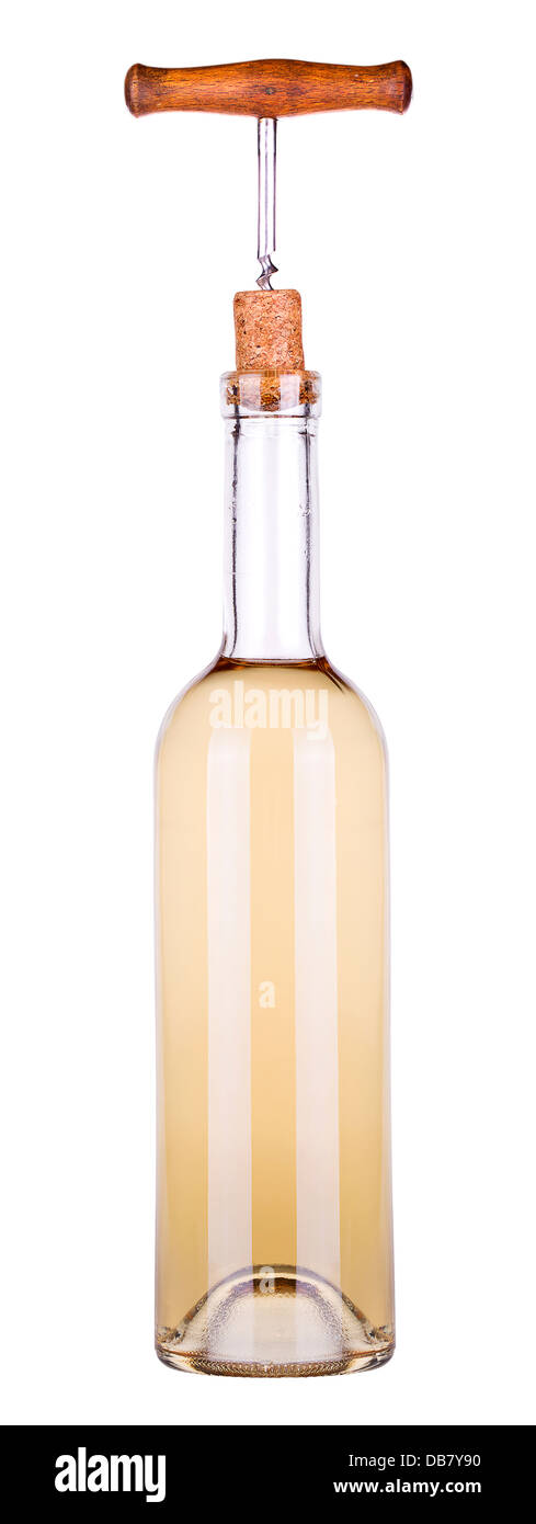 white wine bottle with corkscrew isolated over white background Stock ...