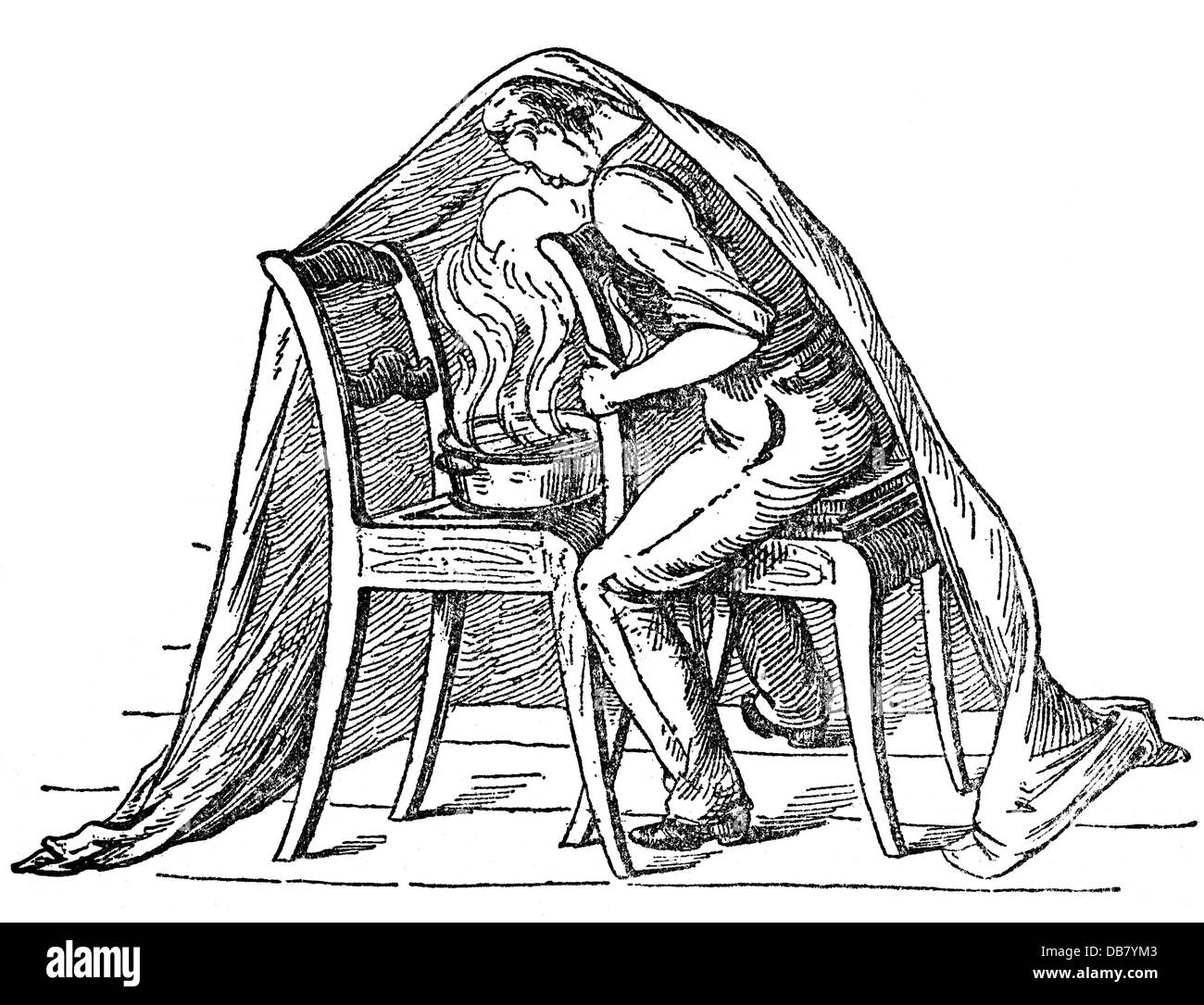 medicine, treatment, steam baths, head steam bath, wood engraving, from