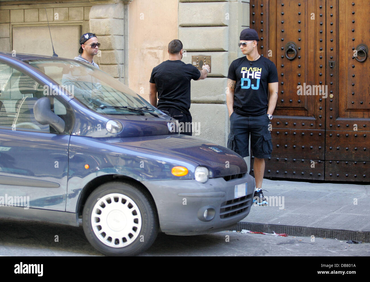 Mike 'The Situation' Sorrentino, Ronnie Ortiz-Magrot and DJ Pauly D, real name Paul DelVecchio leaving the 'Jersey Shore' apartment to go for a drive around Florence Florence, Italy - 15.05.11 Stock Photo