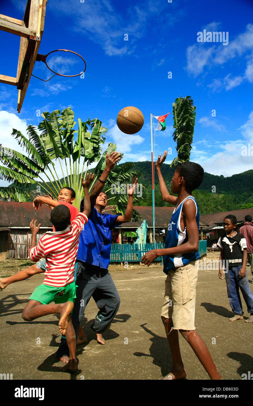 African Countries Sport Madagascar group boys play basketball in town Ranamofana ball