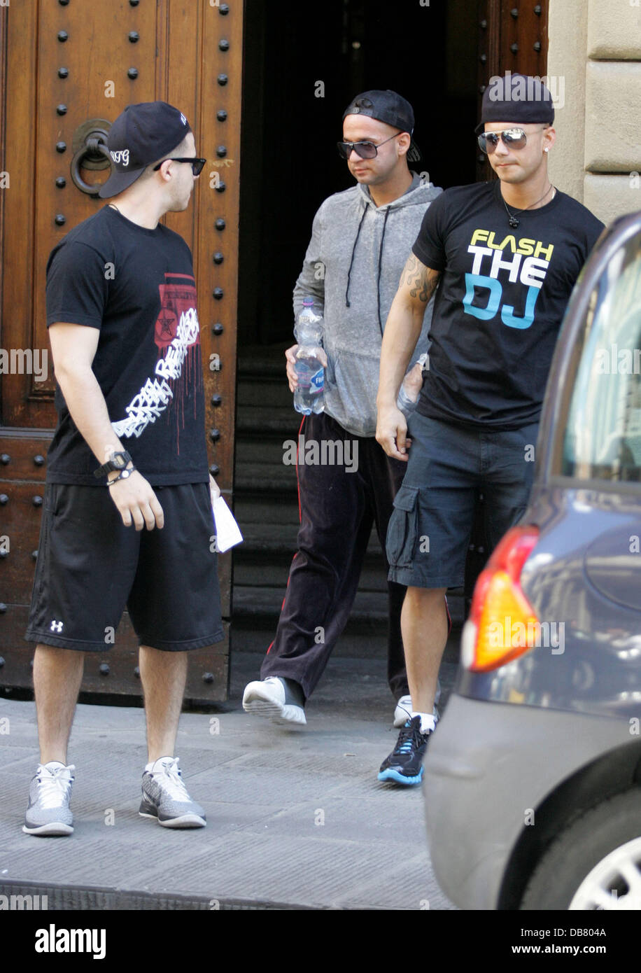 Vinny Guadagnino, Mike 'The Situation' Sorrentino and DJ Pauly D, real name Paul DelVecchio leaving the 'Jersey Shore' apartment to go for a drive around Florence Florence, Italy - 15.05.11 Stock Photo